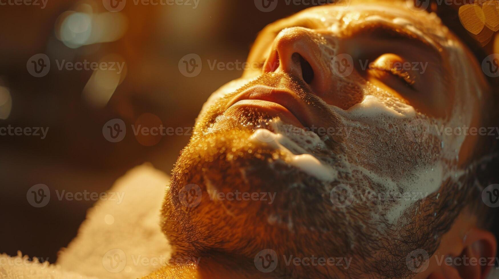 A man enjoys a soothing facial treatment at a spa, with warm lighting creating a calm atmosphere. He is covered in rich foam, immersed in relaxation. photo