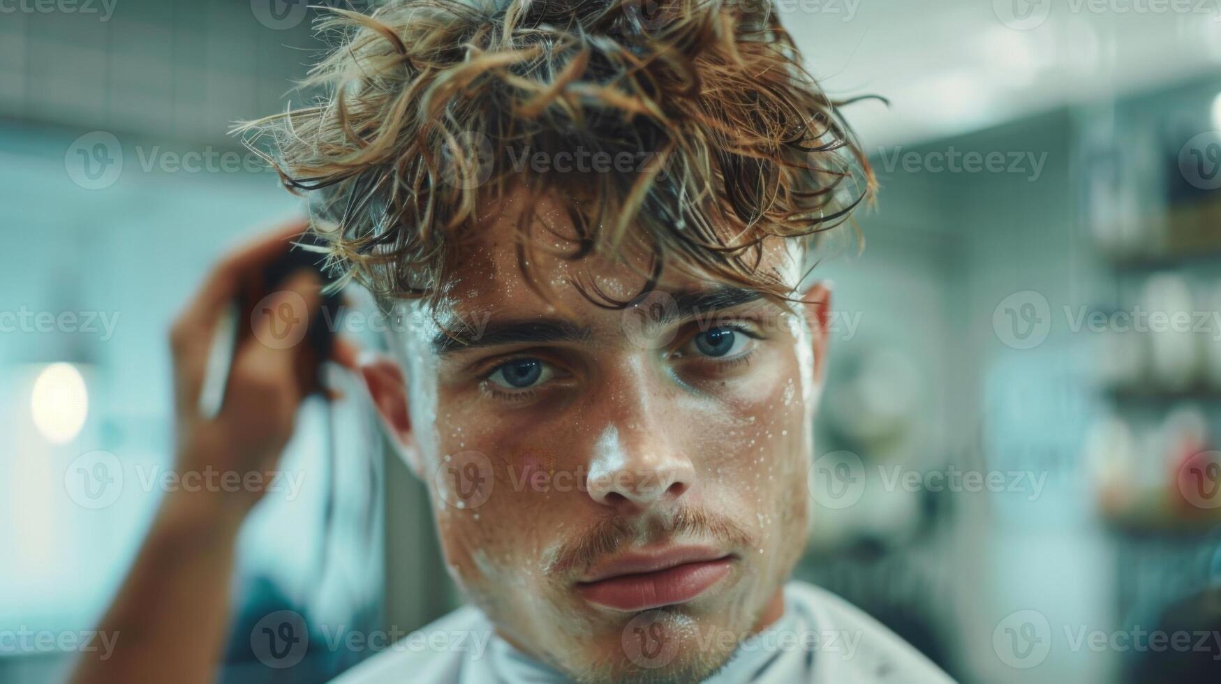 A young man is seated in a barbershop chair getting his hair styled. Water droplets are visible on his face as the stylist uses clippers to achieve the desired look. photo