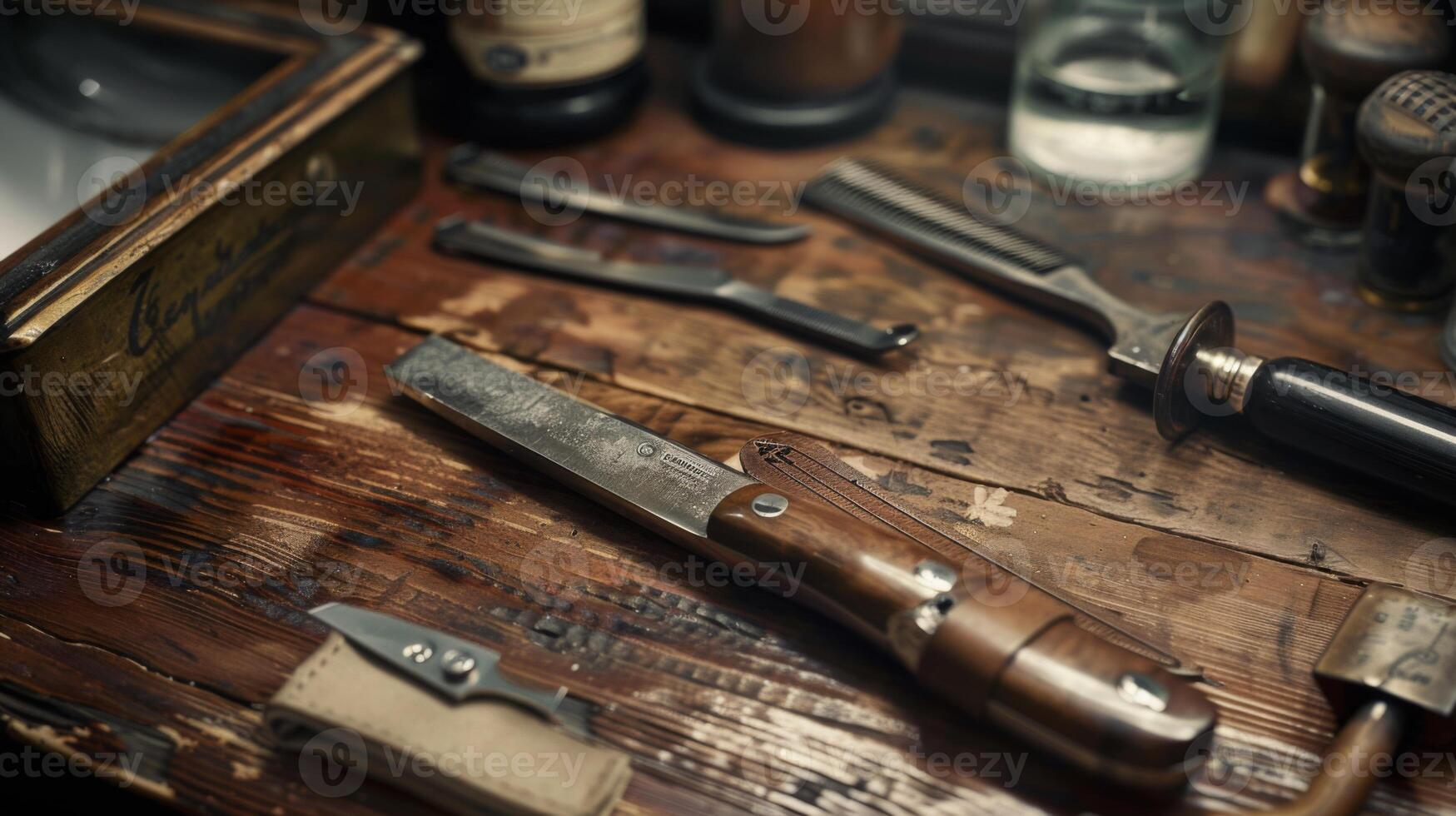 A well used workbench displays an array of vintage tools including a wooden handled knife, shears, and other instruments amidst a rustic setting illuminated by natural light. photo