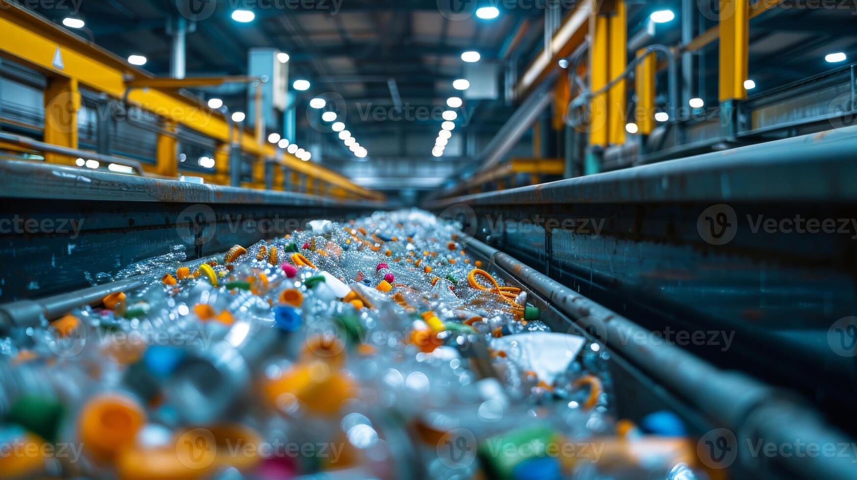 Plastic waste accumulates on conveyor belts in a recycling facility where workers sort materials for proper disposal, emphasizing recycling's essential role in waste reduction. photo
