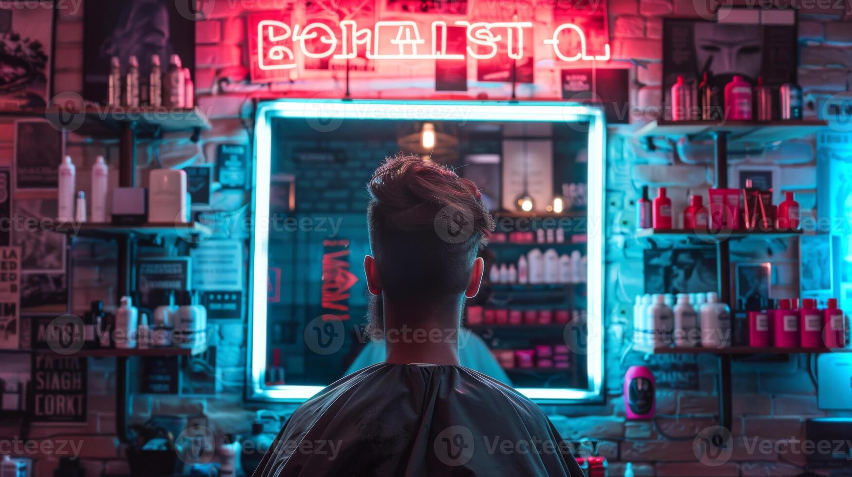 A young individual sits in front of a stylish mirror, waiting for a haircut in a trendy barbershop illuminated by colorful neon lights. The atmosphere is lively and contemporary. photo