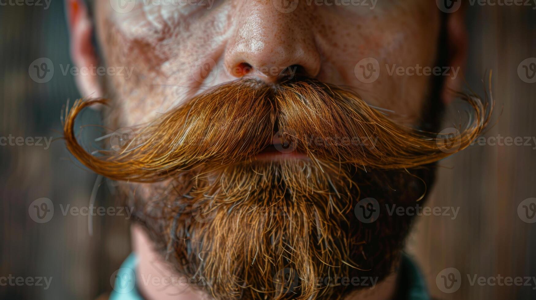 A close up of a man showcasing a meticulously groomed mustache and beard, blending vibrant orange and brown tones, highlighting intricate details in the facial hair. photo