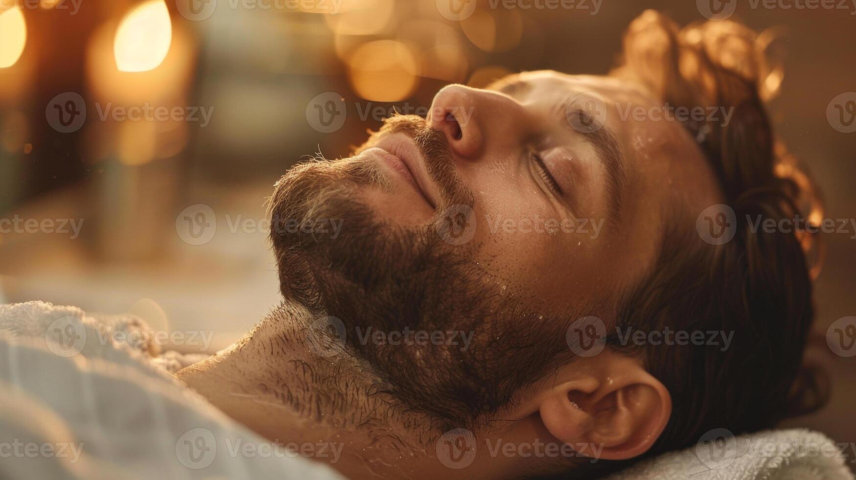 A man with a beard rests peacefully with his eyes closed, savoring a tranquil moment surrounded by soft ambient light and gentle warmth, conveying relaxation and comfort. photo
