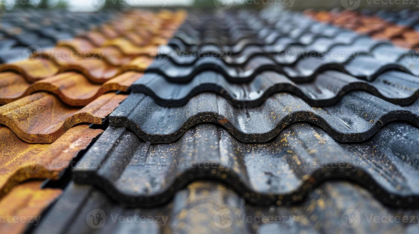 Detailed view of a series of metal roofing sheets displaying varying colors from rust and weathering, illustrating the impact of time, weather, and maintenance on building materials. photo
