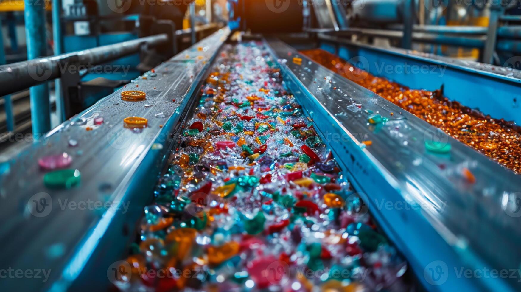 Vibrant assortment of candies flows along a conveyor belt in a manufacturing facility during daylight, illustrating the process of candy production and sorting. photo