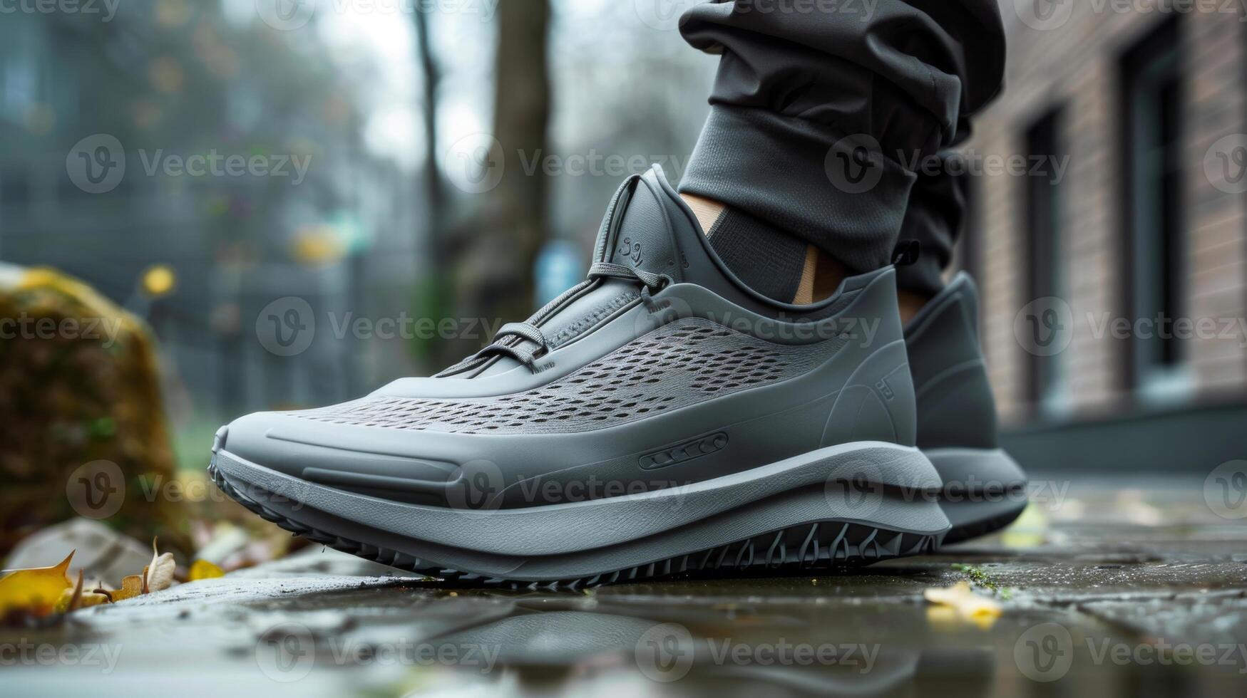 A close up view highlights a pair of modern grey athletic shoes on a slick sidewalk in an urban area, surrounded by vibrant autumn leaves, under overcast skies. photo