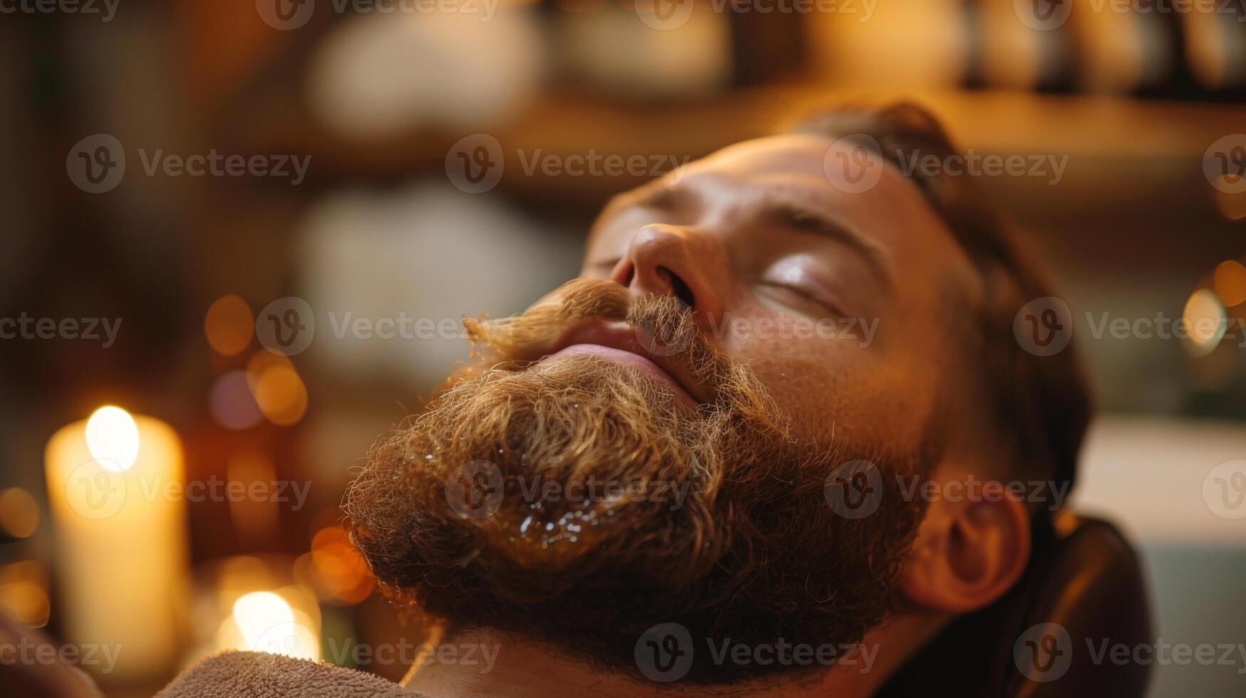A man enjoys a soothing beard grooming experience, lying back in a comfortable chair at a barbershop. Soft candlelight enhances the tranquil atmosphere and highlights his relaxed demeanor. photo