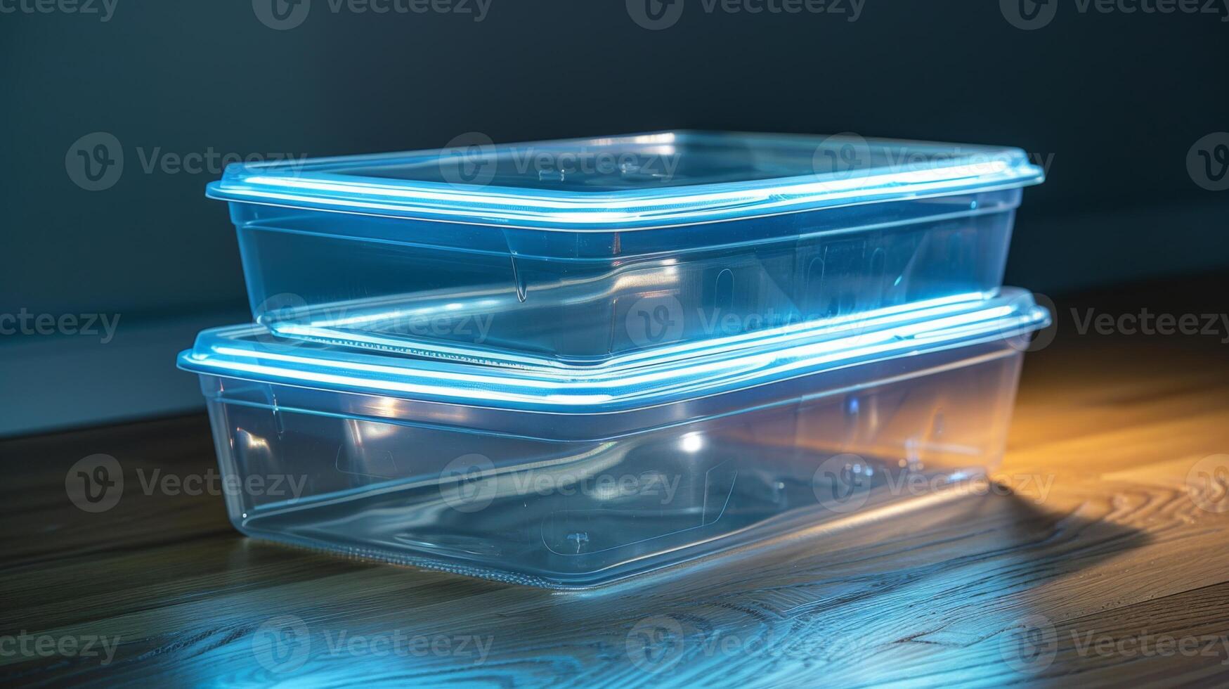 Two clear storage containers are stacked on a wooden floor, softly illuminated by blue LED lights, creating a sleek and modern ambiance at night. photo