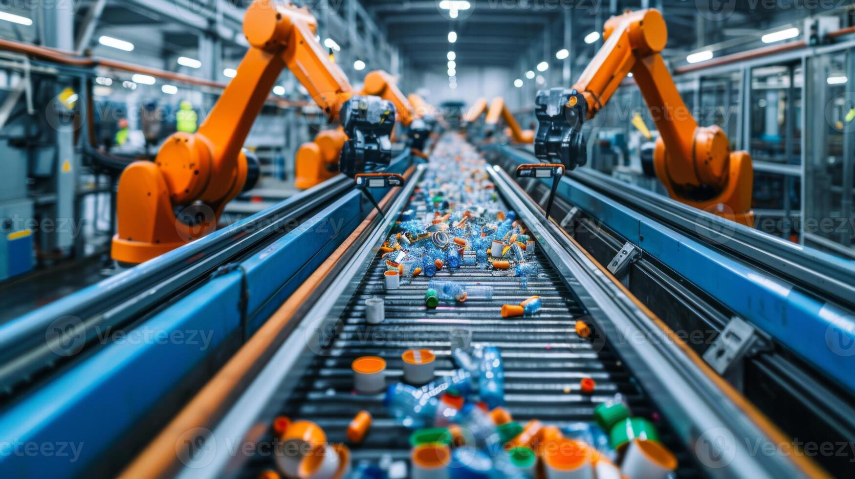 Robotic arms work efficiently on a conveyor belt, sorting plastic waste in a recycling plant. The facility is brightly lit, showcasing advanced technology in waste management. photo