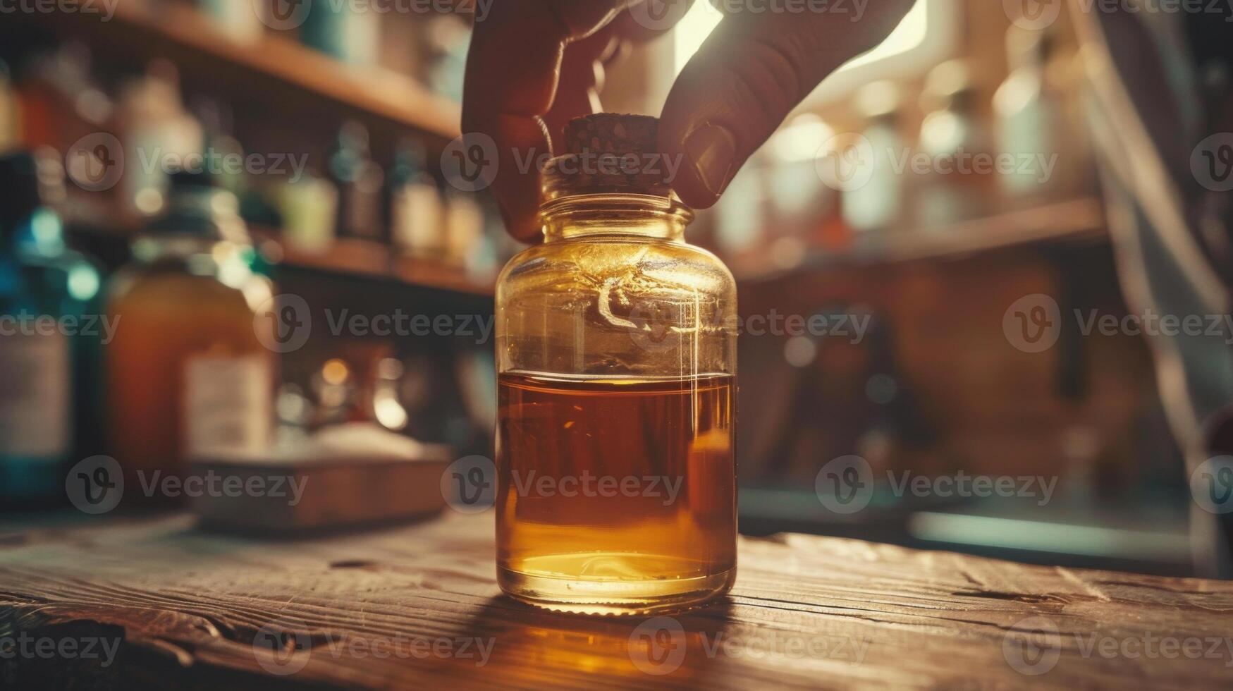 A hand carefully places a cork into a glass bottle filled with golden liquid. The background reveals shelves with assorted jars and bottles illuminated by warm afternoon sunlight. photo