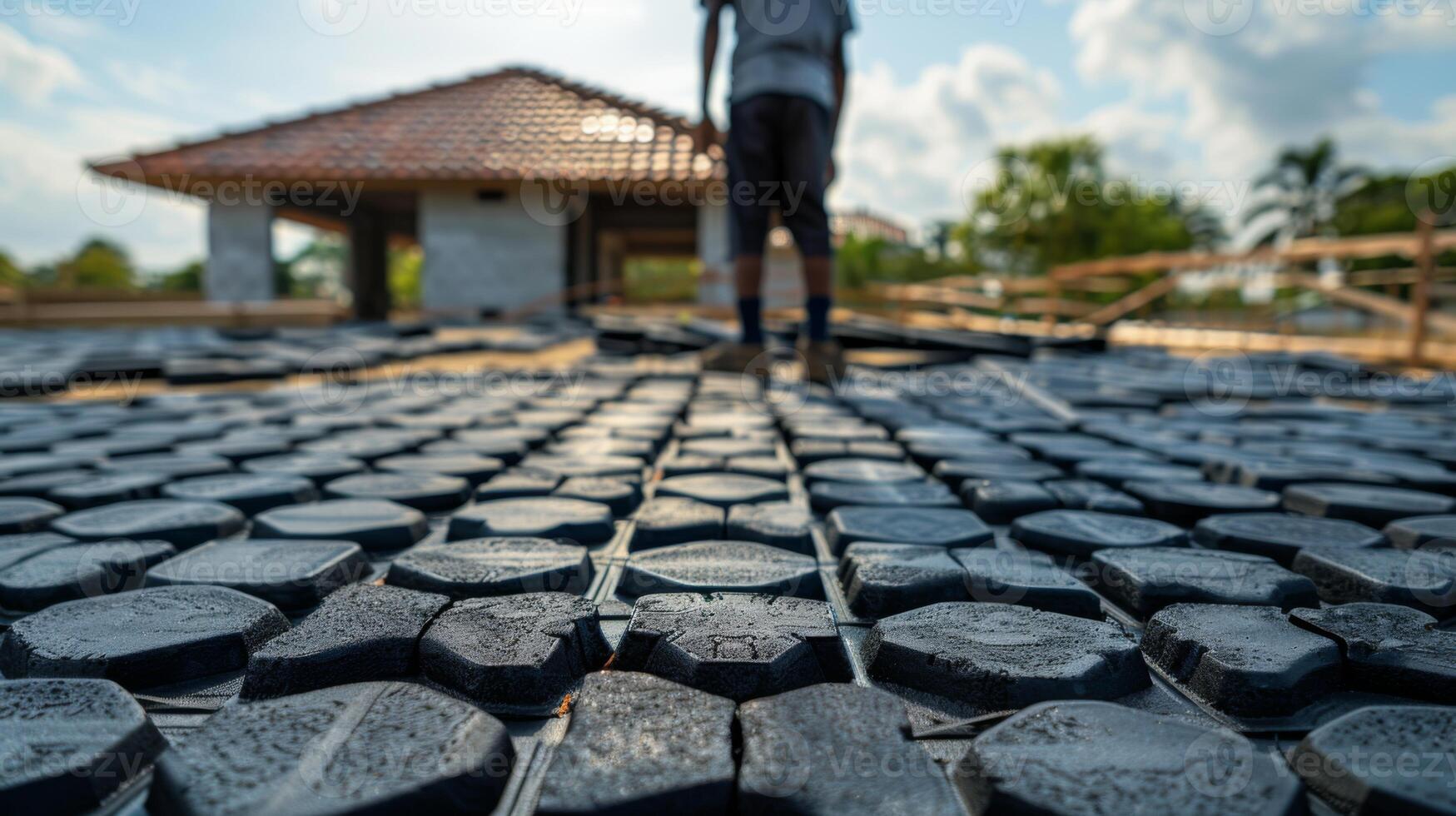 A construction worker is busy laying hexagonal paving tiles on the unfinished floor of a residential building, surrounded by a clear sky and lush greenery. photo