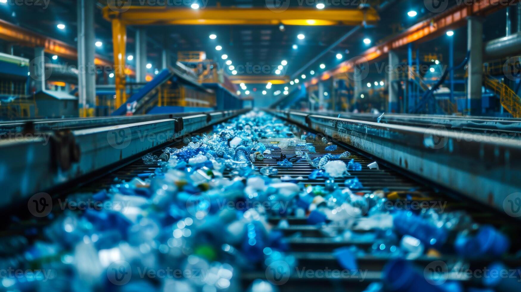 Plastic bottles and containers cover the conveyor tracks inside a waste processing facility, illuminated by bright overhead lights, highlighting modern recycling efforts in action. photo