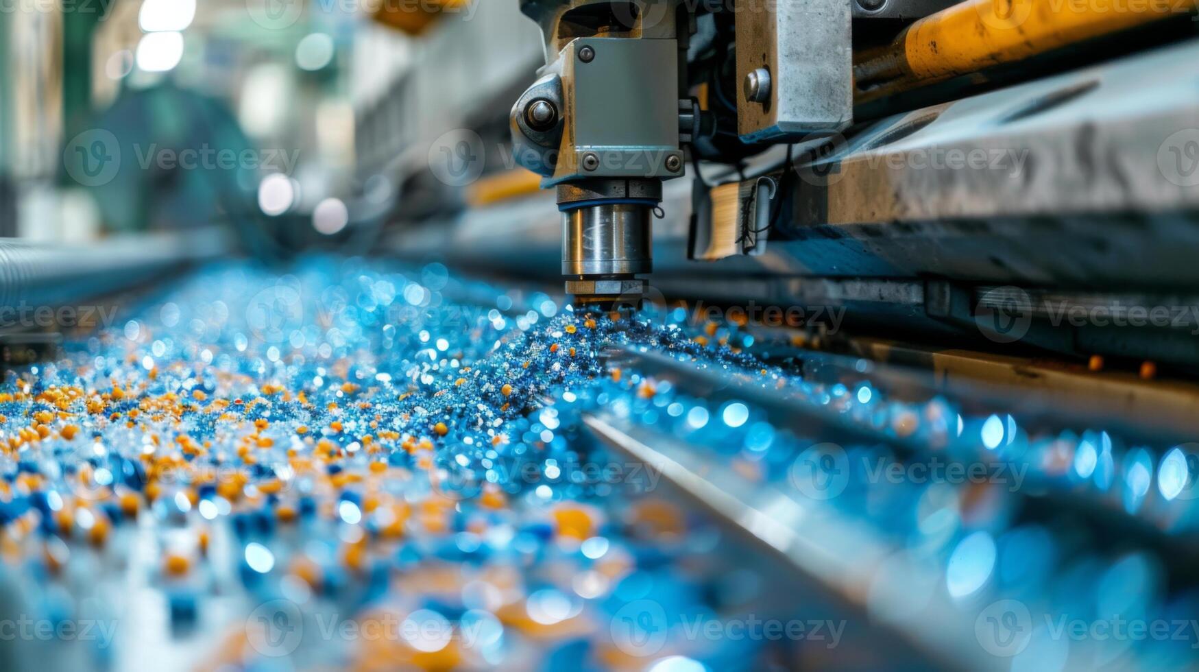 Colorful plastic pellets are scattered on a conveyor belt as a machinery unit shapes and processes them, creating an efficient manufacturing workflow in a factory. photo