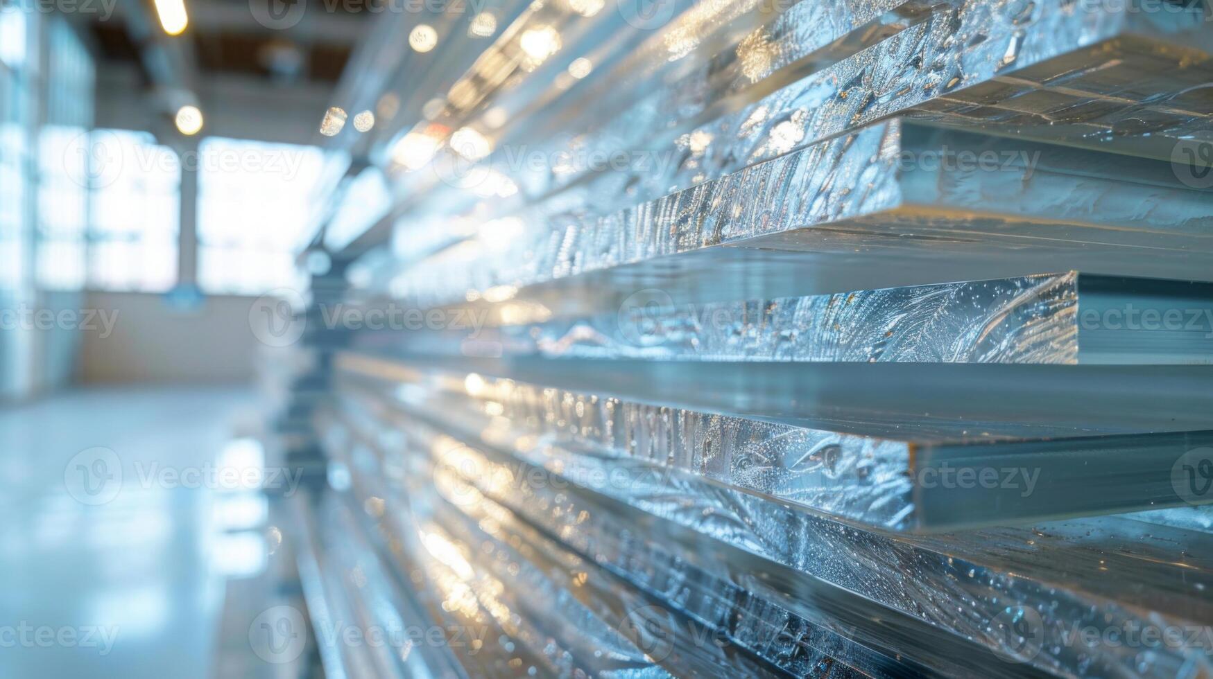 Translucent glass panels are aligned in a contemporary setting, allowing sunlight to create reflections while enhancing the space's modern aesthetic and open feel photo