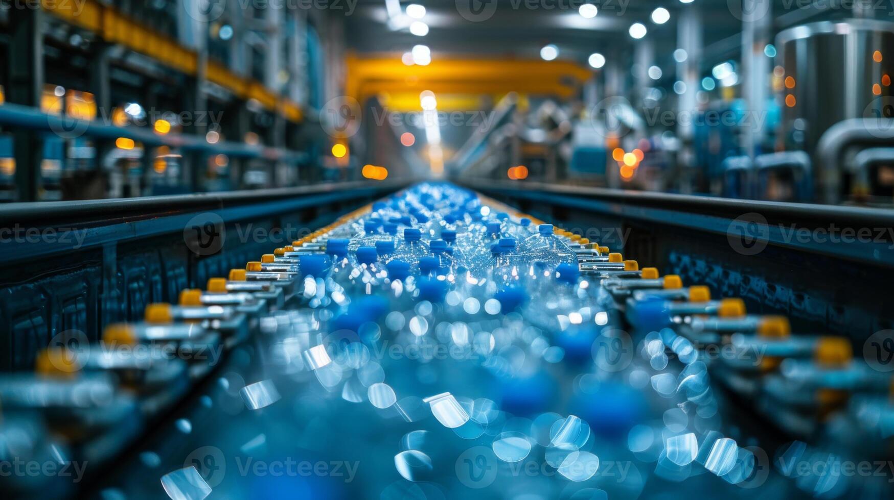 Bottles of water travel along a conveyor belt in a busy factory at night with automated machinery and bright lights illuminating the workspace photo