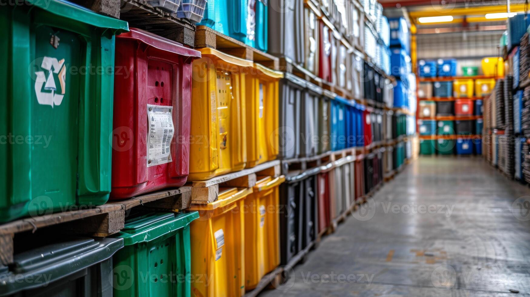 Various recycling bins are stacked in rows within a large warehouse. The colors range from red to yellow, creating a vibrant display, while the interior is bright and open. photo