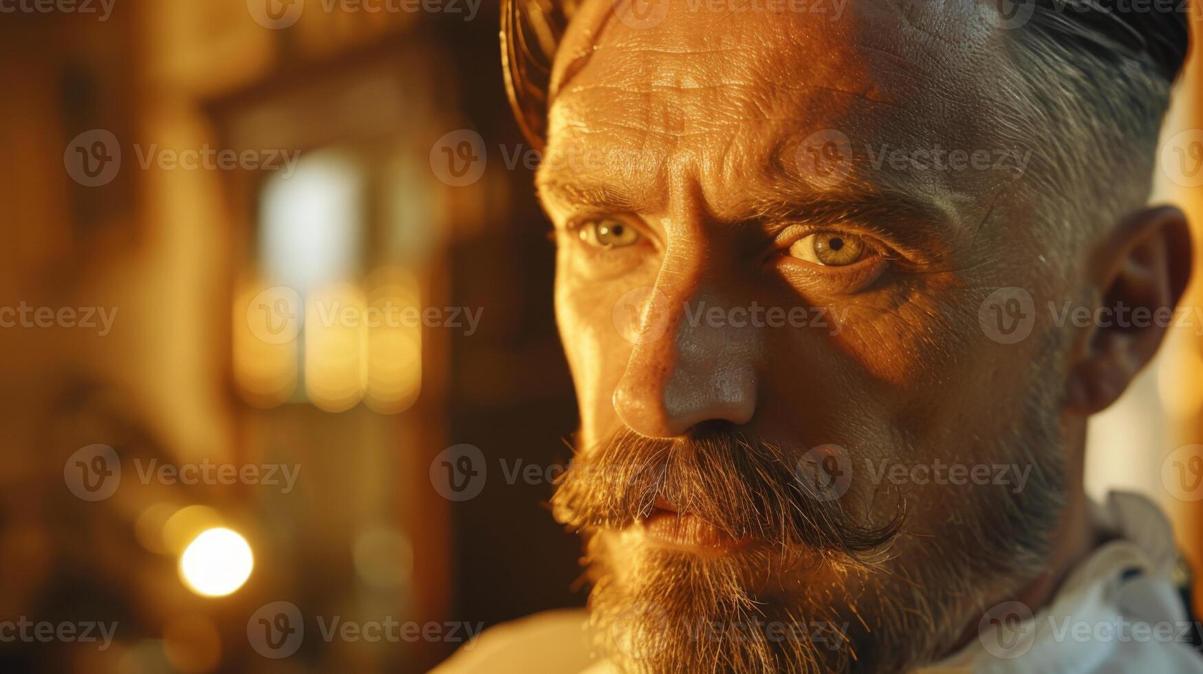A man with striking green eyes and a prominent mustache sits in a vintage barbershop, illuminated by warm light, deep in thought as he gazes at something off screen. photo