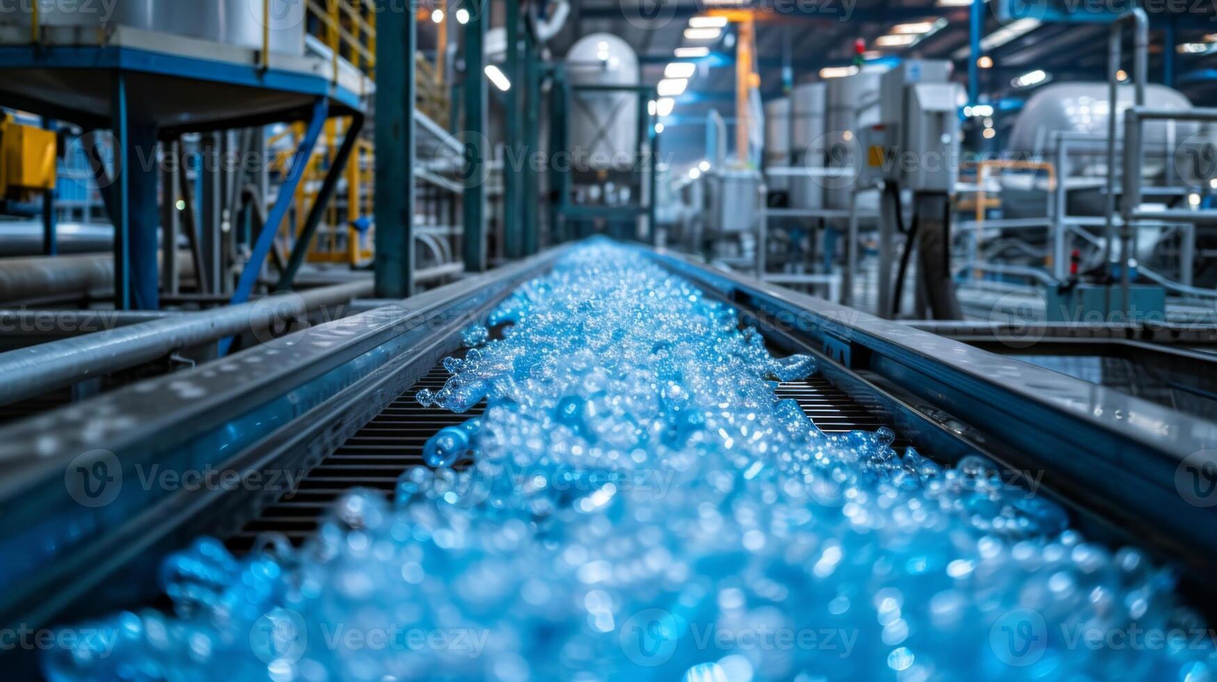 A conveyor belt filled with blue plastic bottles moves through a large recycling facility with various machines and containers visible in the background, showcasing the recycling process. photo