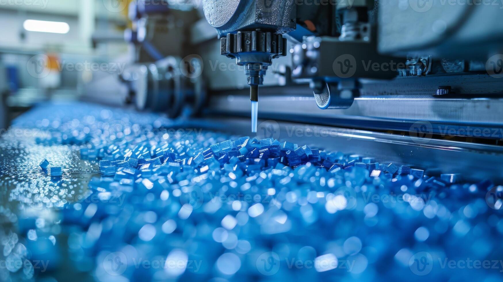 A machine is actively molding and processing blue plastic pellets in a busy factory setting. The bright lighting and organized workspace highlight efficient production. photo