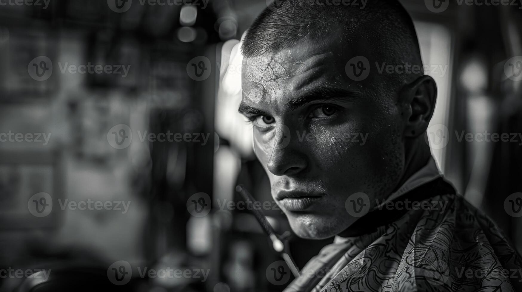 A barber with a sharp gaze stands confidently in a barbershop, readying tools for a precision haircut, conveying dedication and expertise in a creative environment. photo