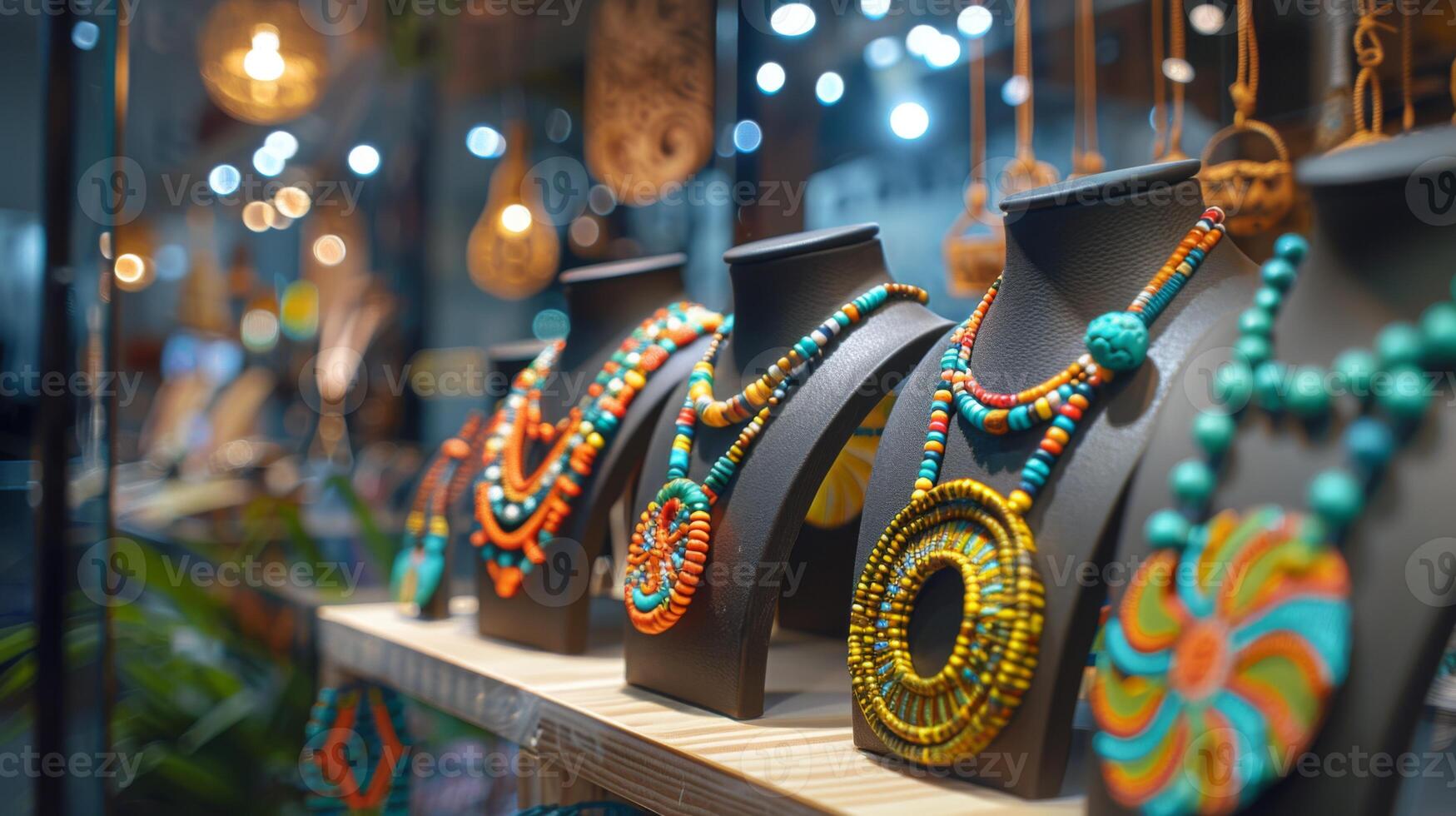 Colorful handmade jewelry pieces are elegantly showcased in a market stall, featuring unique designs and bright beads, attracting shoppers in a bustling atmosphere. photo