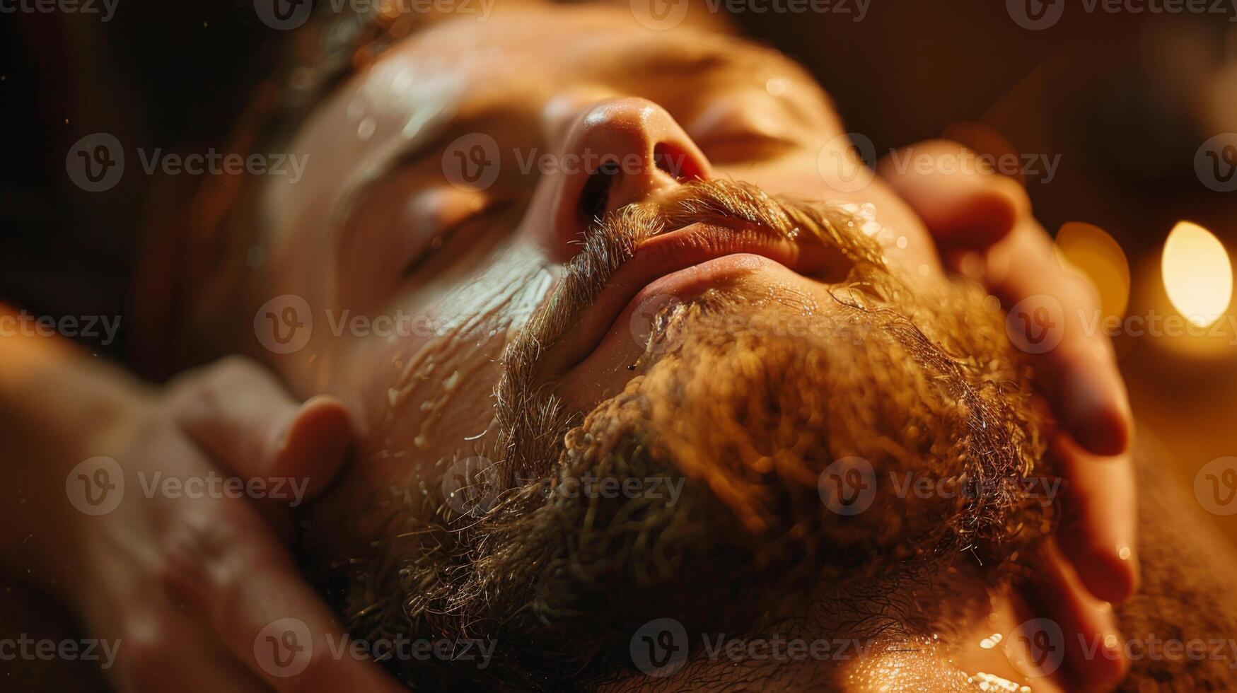 A man enjoys a soothing grooming experience as warm oils are applied to his beard. Soft lighting creates a calm atmosphere, enhancing relaxation. photo