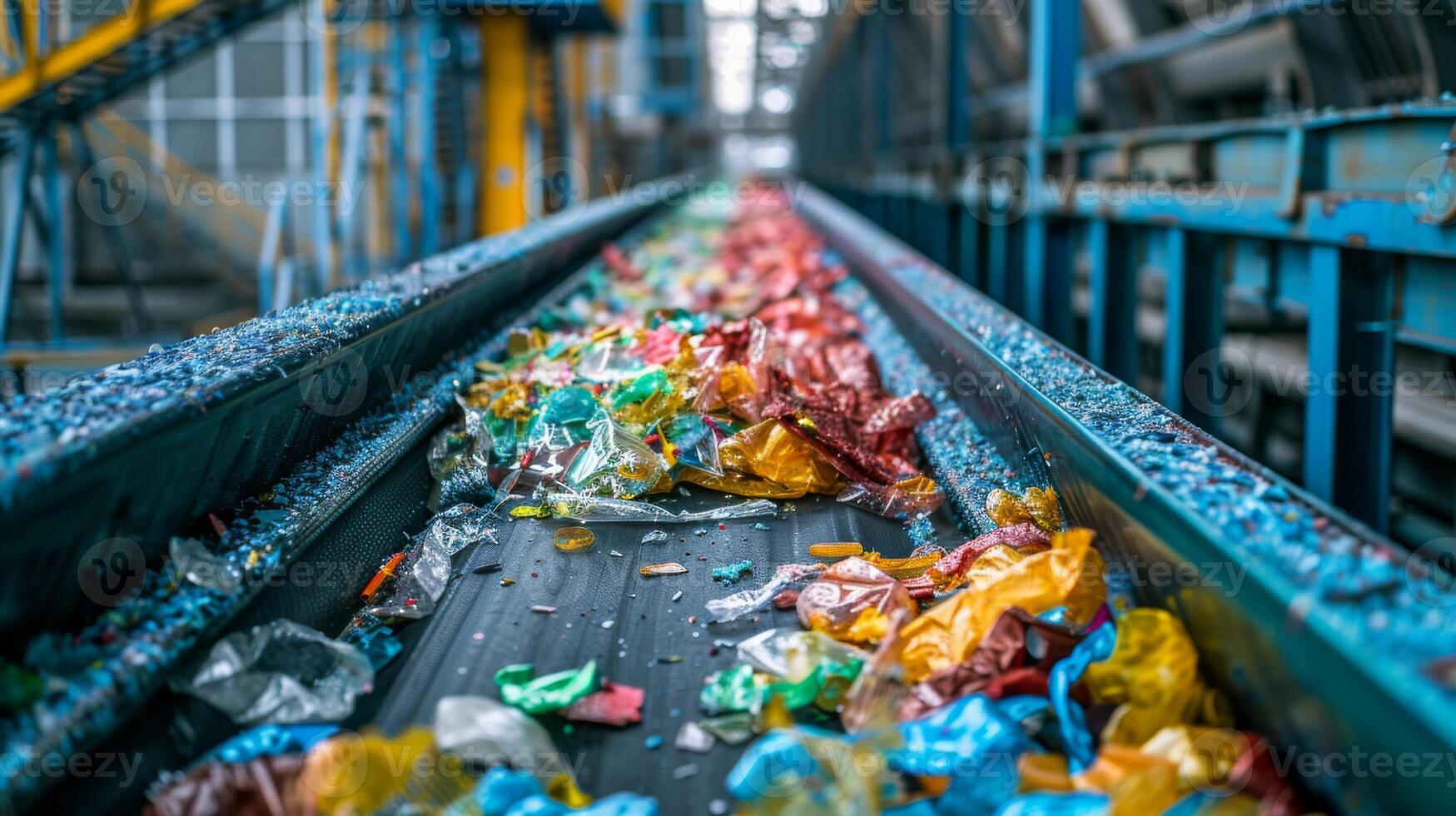 A conveyor belt is loaded with vibrant plastic waste, showcasing numerous discarded items in a recycling plant, highlighting the importance of waste management and recycling efforts. photo