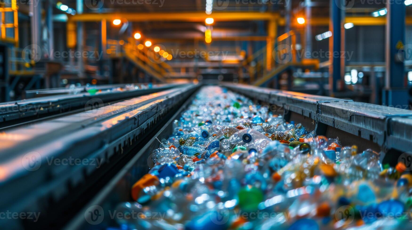 Conveyor belts transport plastic bottles in a recycling facility illuminated by bright lights. Workers efficiently sort and process materials for reprocessing during the evening shift. photo