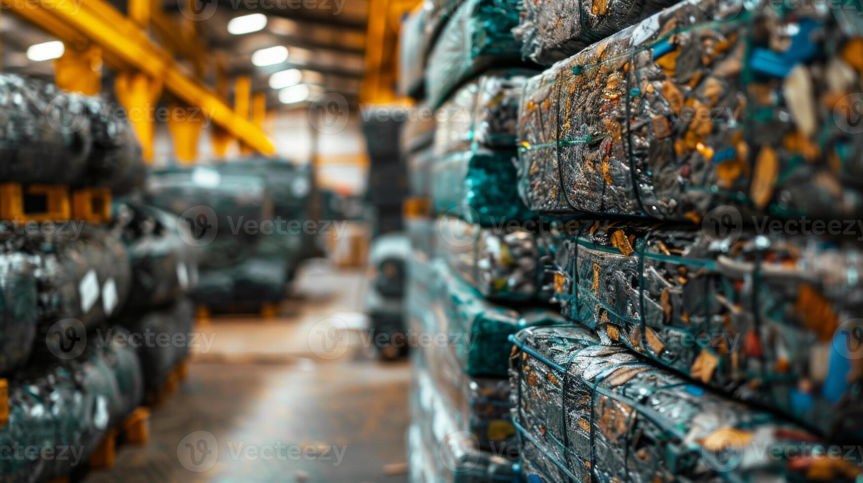 Bales of sorted and compressed recyclable materials are stacked in a large industrial facility, demonstrating operations focused on sustainability and efficient waste processing. photo