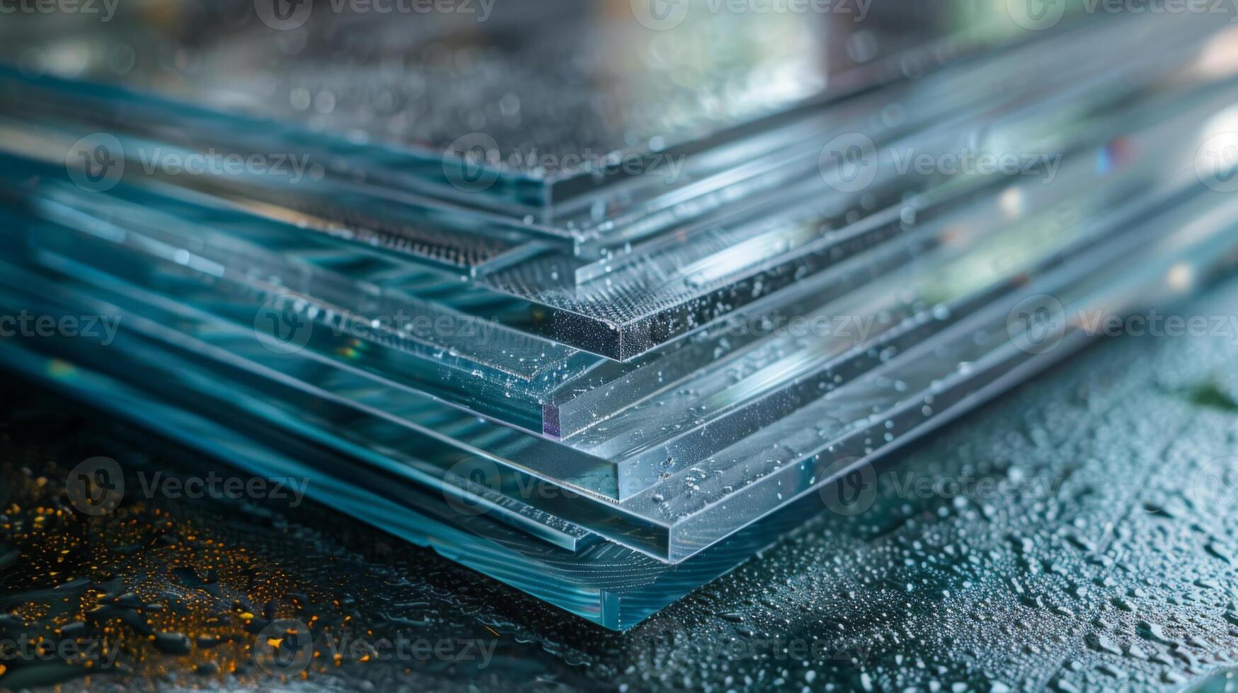 Multiple sheets of smooth glass lie stacked on top of one another, exhibiting droplets of water and reflections, showcasing a clean, modern aesthetic. photo