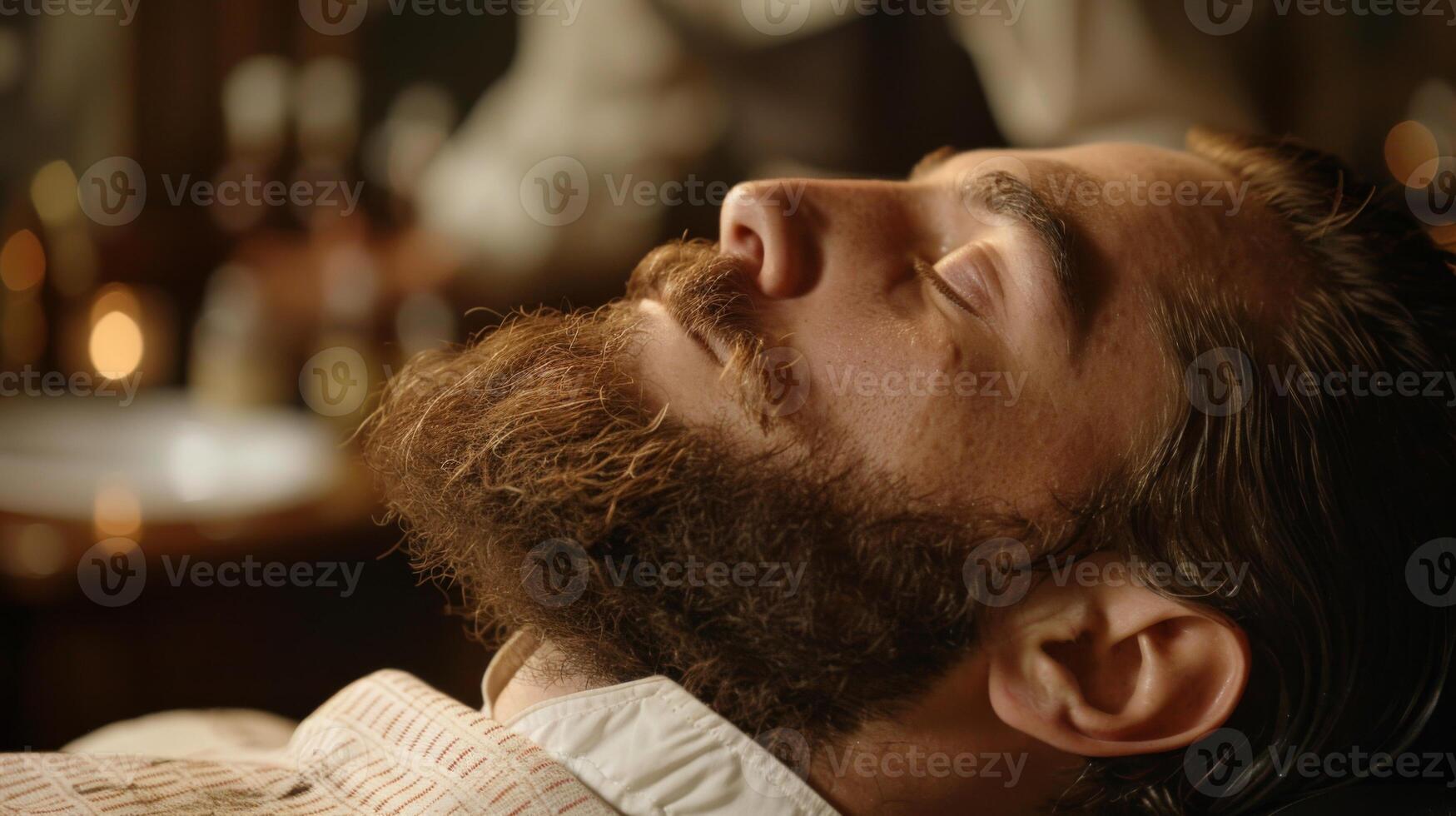 A man with a full beard is lying back comfortably in a barbershop chair as a barber expertly trims his beard. Warm lighting creates a relaxed atmosphere. photo