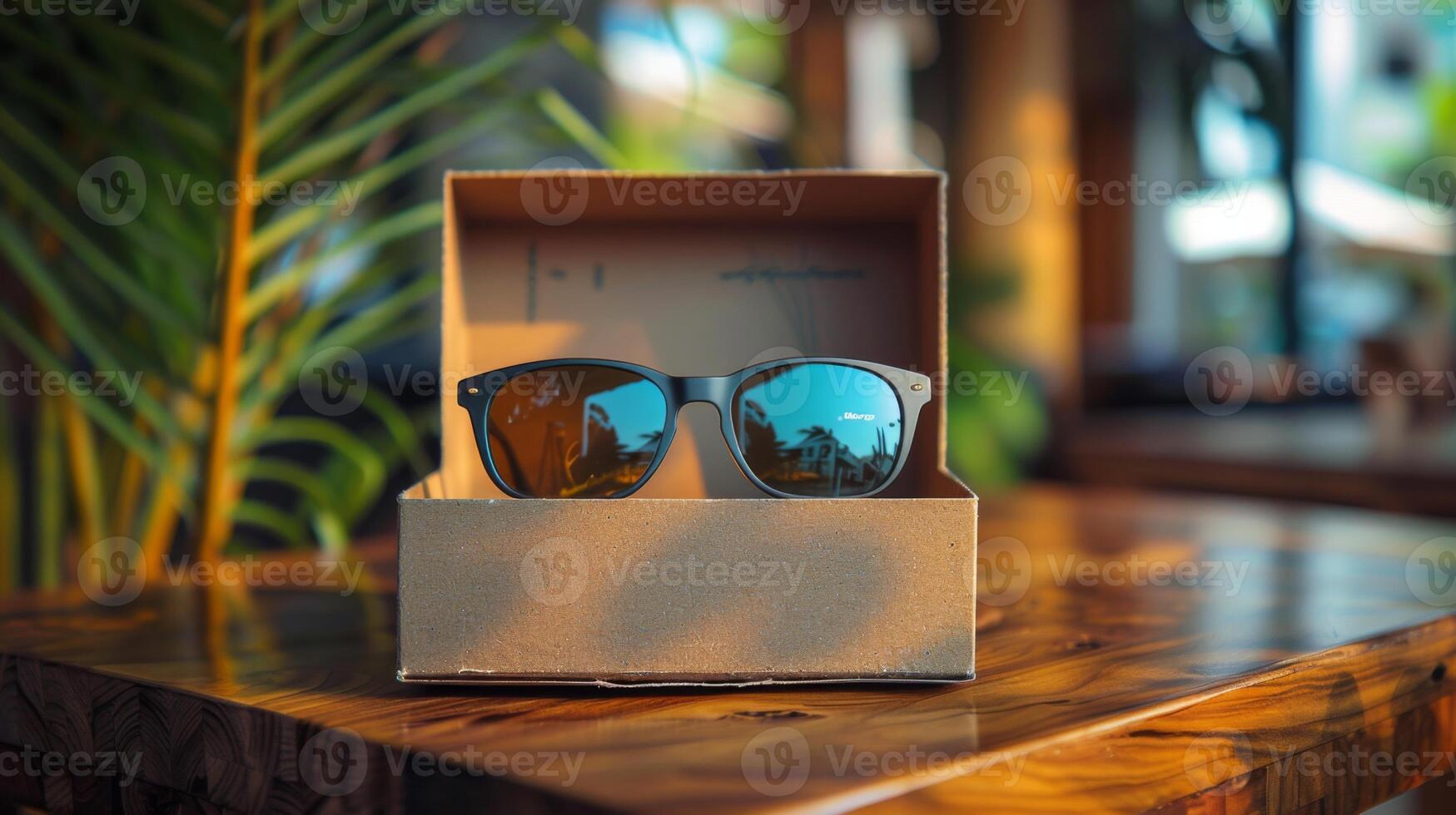 A pair of trendy sunglasses sits in a cardboard box on a wooden table within a contemporary cafe, illuminated by soft afternoon light filtering through the windows. photo