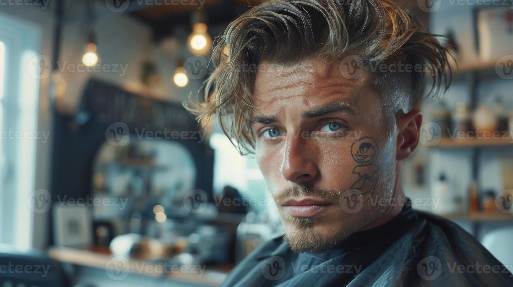 A young man sits in a barbershop chair, showcasing his stylish hair and facial tattoo while waiting for his haircut. The bright ambiance and modern decor create a lively atmosphere. photo