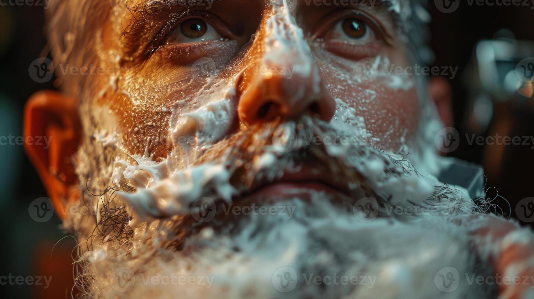 A man with a thick beard sits in a barbershop chair while a barber carefully applies shaving cream to his face. The warm light captures the details of the moment. photo