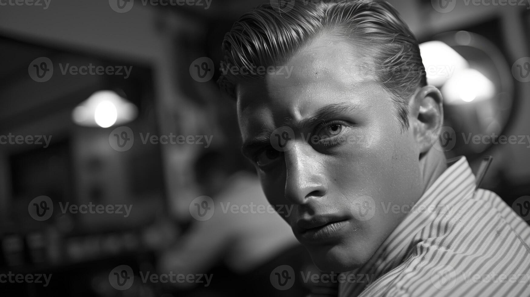 A young man with slicked back hair sits in an old fashioned bar, looking intensely to the side. The atmosphere is intimate, with dim lights and classic decor. photo