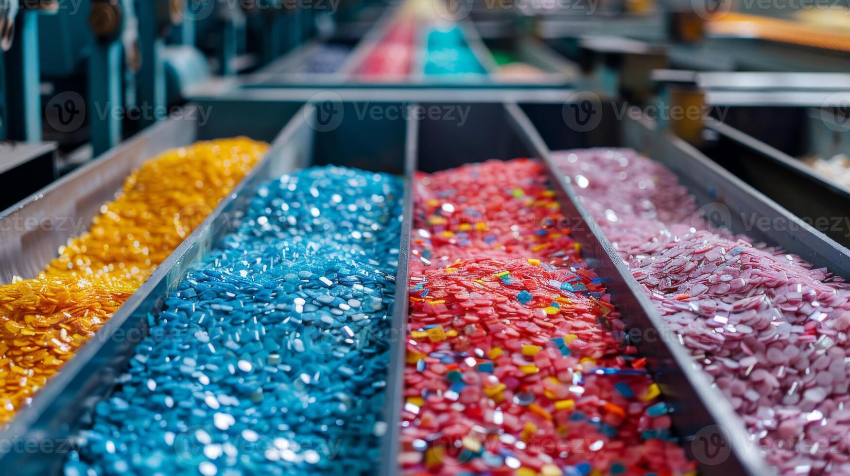 Various shades of plastic granules are neatly arranged in trays, highlighting an array of colors at a processing facility. This activity indicates preparation for manufacturing. photo