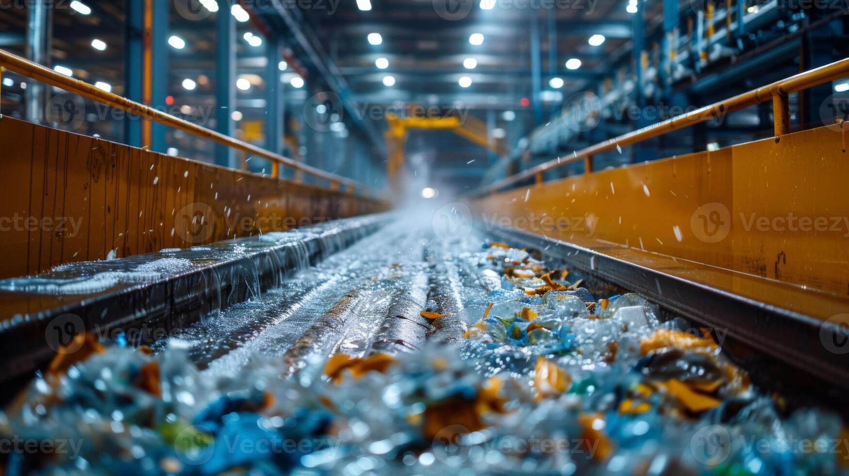 Conveyor belt in a recycling facility transports plastic waste submerged in water while machinery processes materials during daylight hours. photo