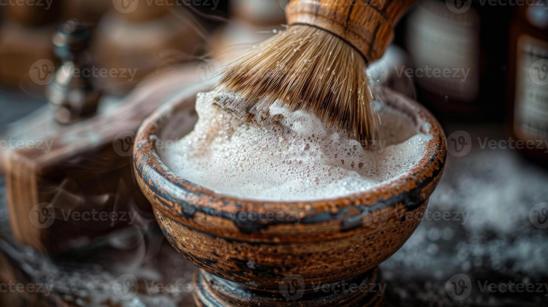 A natural bristle brush whips up a creamy lather in a rustic bowl, showcasing the art of traditional grooming in a cozy atmosphere at home. photo