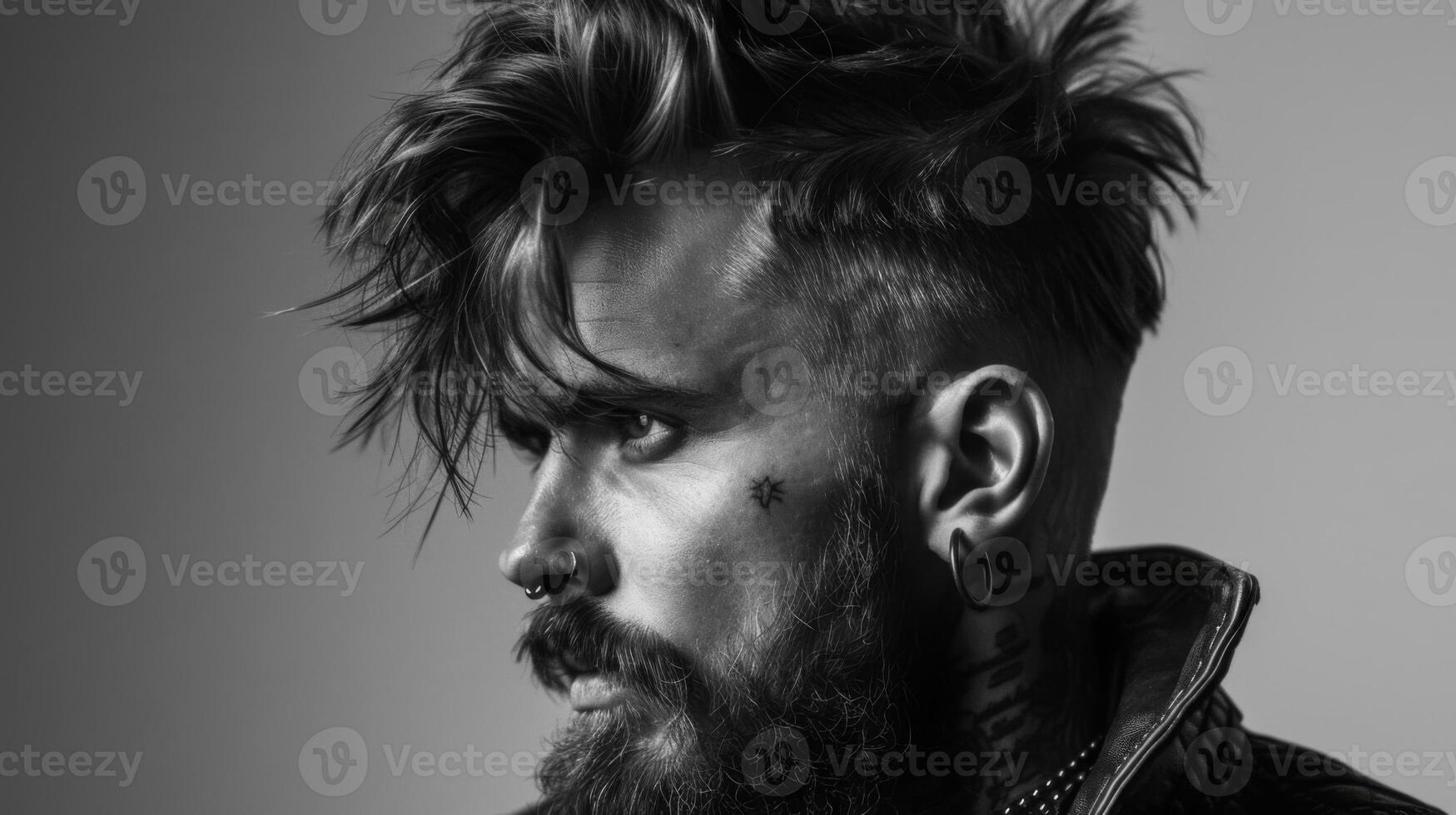 A man is captured in profile, displaying a modern hairstyle complemented by a beard and multiple facial piercings. His tattoos add depth to his unique style against a neutral background. photo