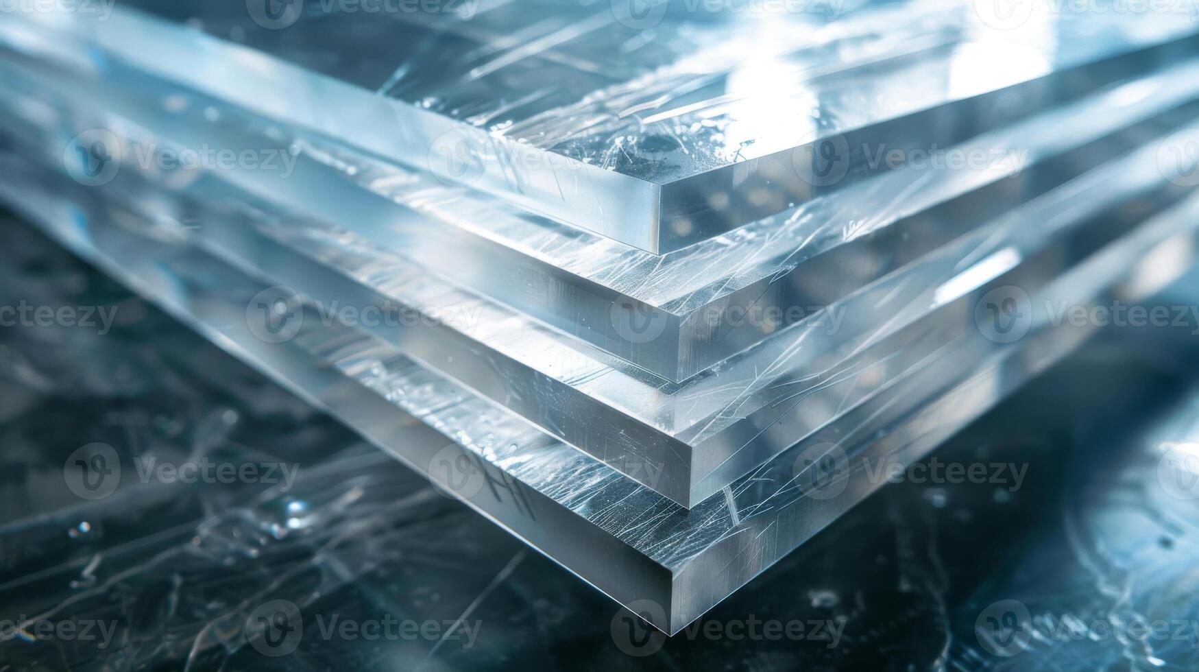 Layers of clear acrylic sheets are stacked on a dark surface, reflecting soft lighting and highlighting their sleek, transparent design perfect for various projects. photo