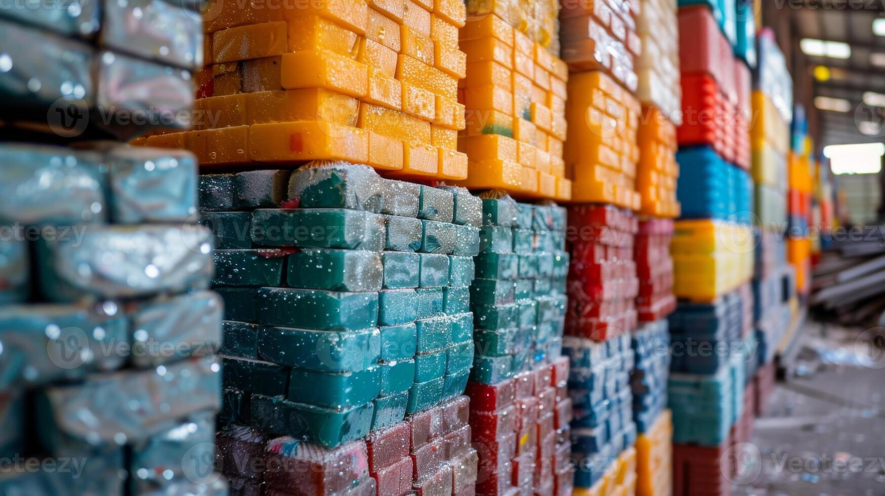 Rows of brightly colored soap bars are arranged meticulously in a spacious warehouse. Each stack showcases distinct hues, creating a visually striking display of handmade products ready for sale. photo