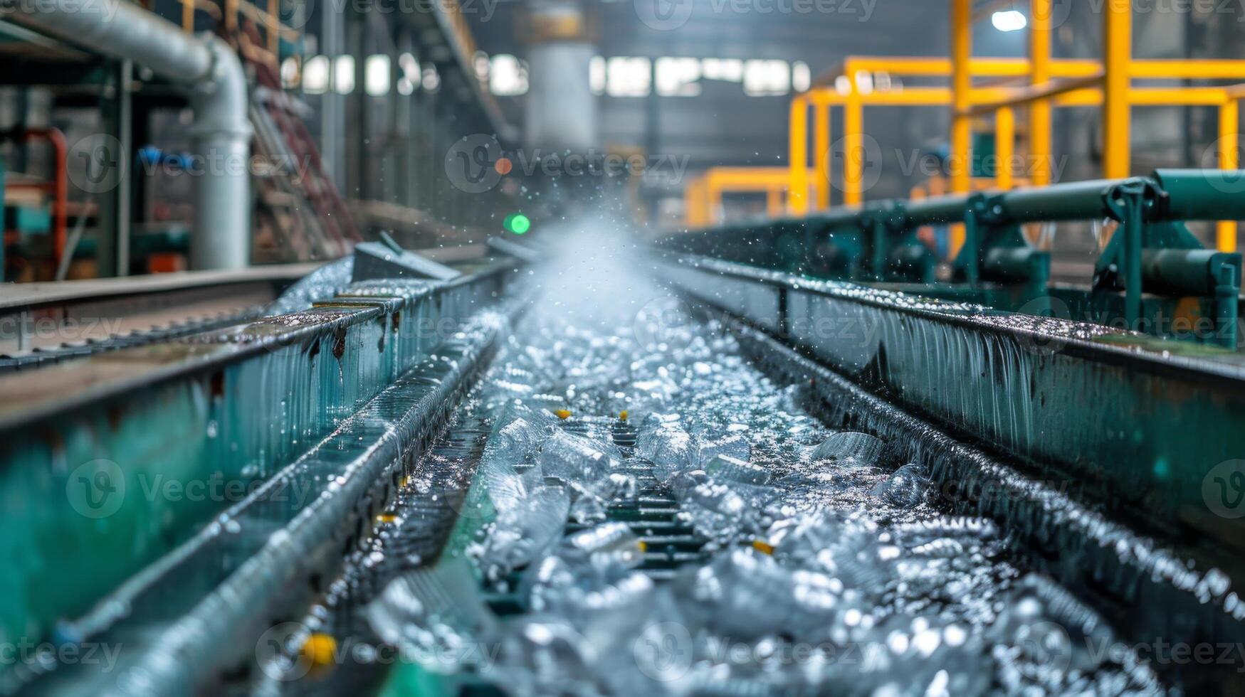 Water sprays over a conveyor belt as shards of glass move through an industrial recycling facility, highlighting the recycling process in action under bright lights. photo
