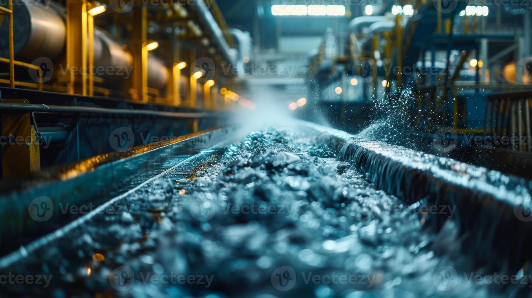 Water streams through a busy industrial facility where machinery processes materials. Bright overhead lights illuminate the environment filled with activity and efficiency. photo