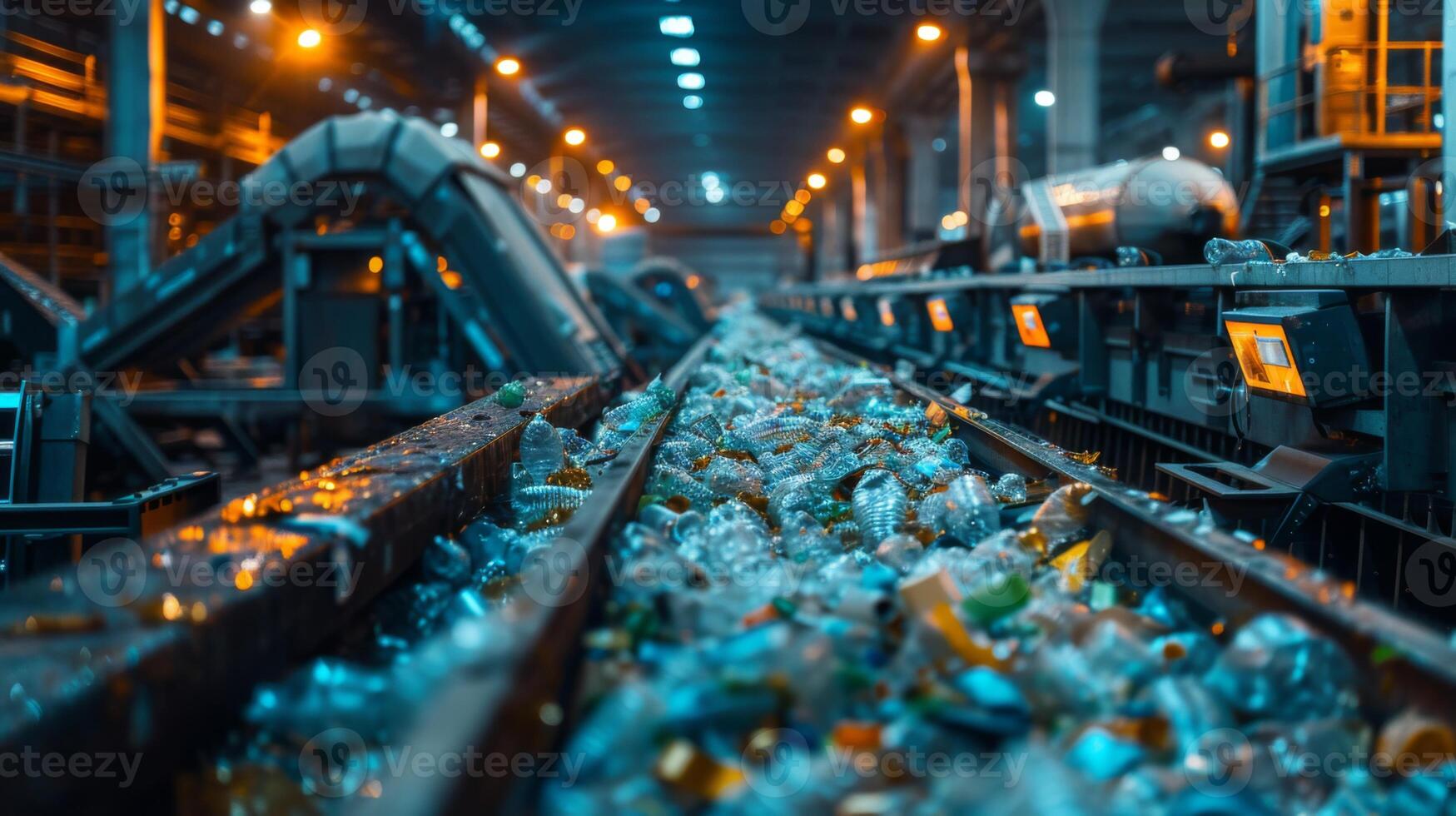 A busy waste sorting facility at night with conveyor belts carrying heaps of plastic recyclables. The area is brightly lit, emphasizing the efficiency of the recycling process. photo