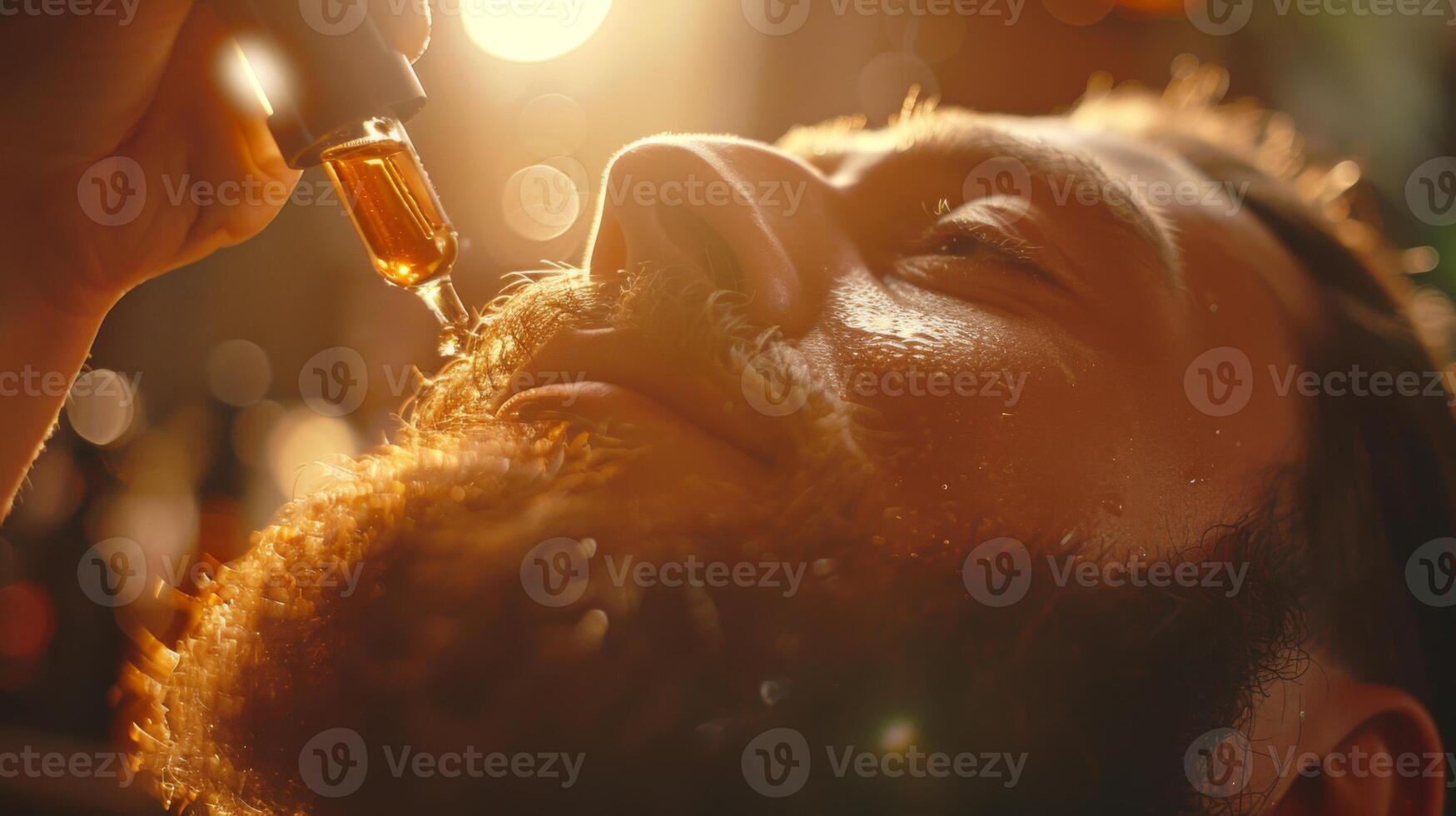 A man focuses on applying beard oil to his facial hair in a softly lit environment, highlighting personal grooming and self care during the evening hours at home. photo