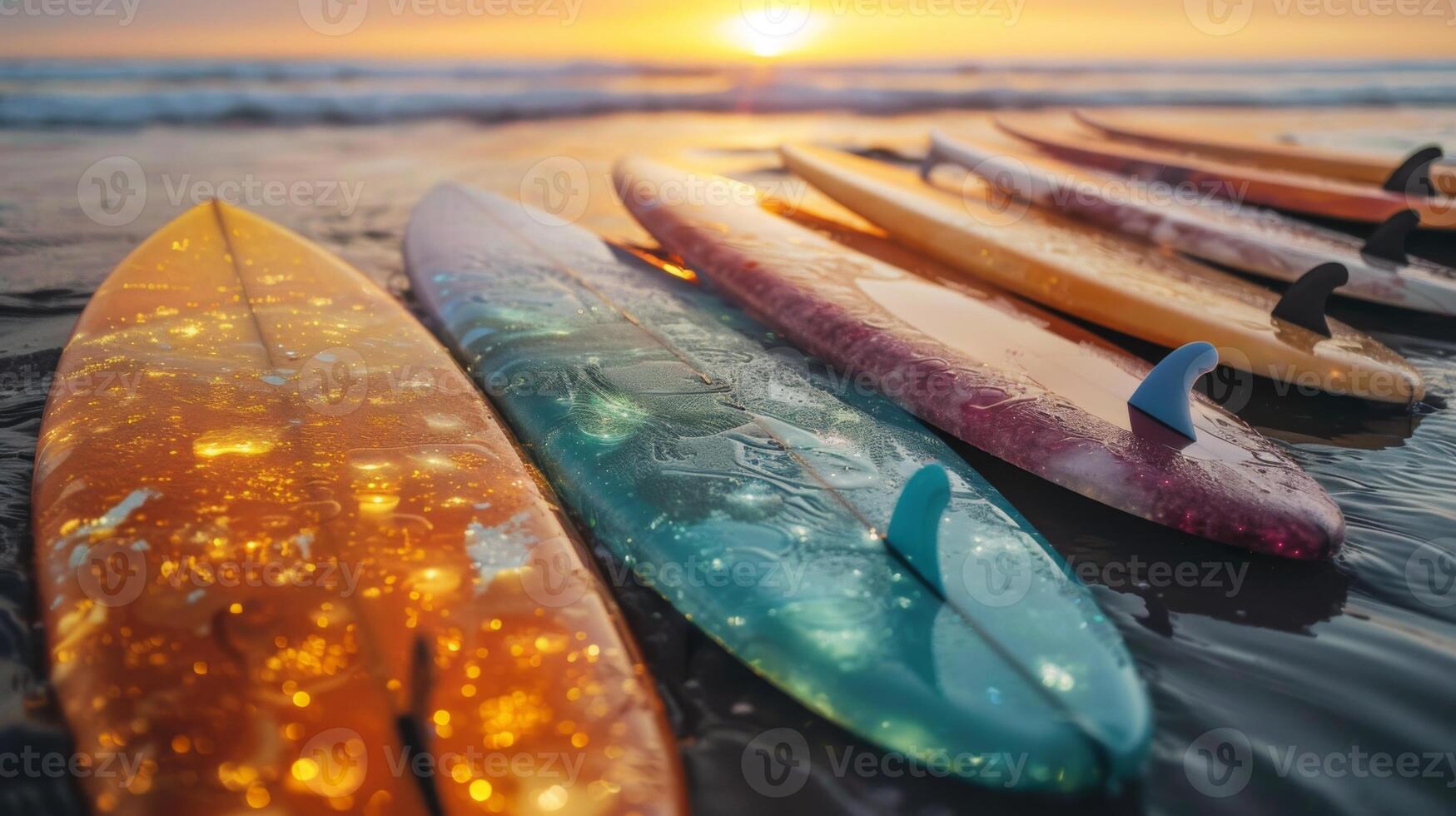 Several vibrant surfboards are arranged along the wet sand at the beach, illuminated by the golden hues of a stunning sunset, creating a picturesque coastal scene. photo