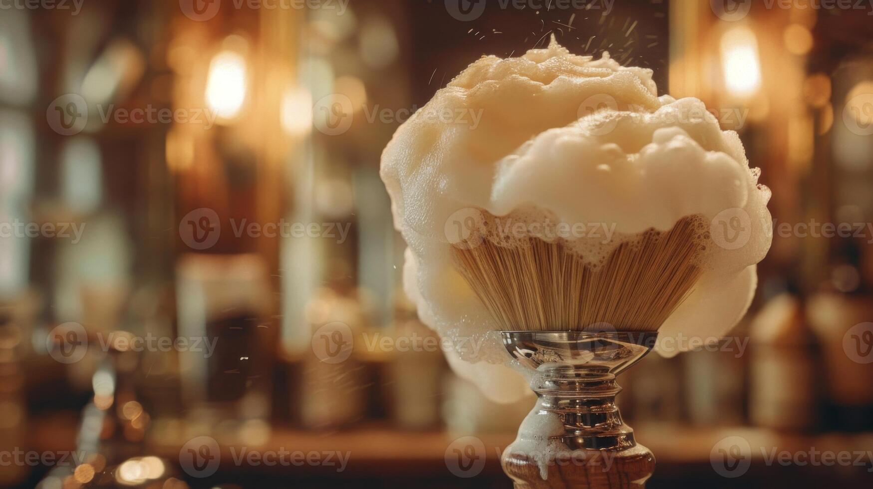 A shaving brush filled with thick, creamy lather is showcased in a vintage barber shop, illuminated by warm, ambient lighting during the evening, demonstrating classic grooming techniques. photo
