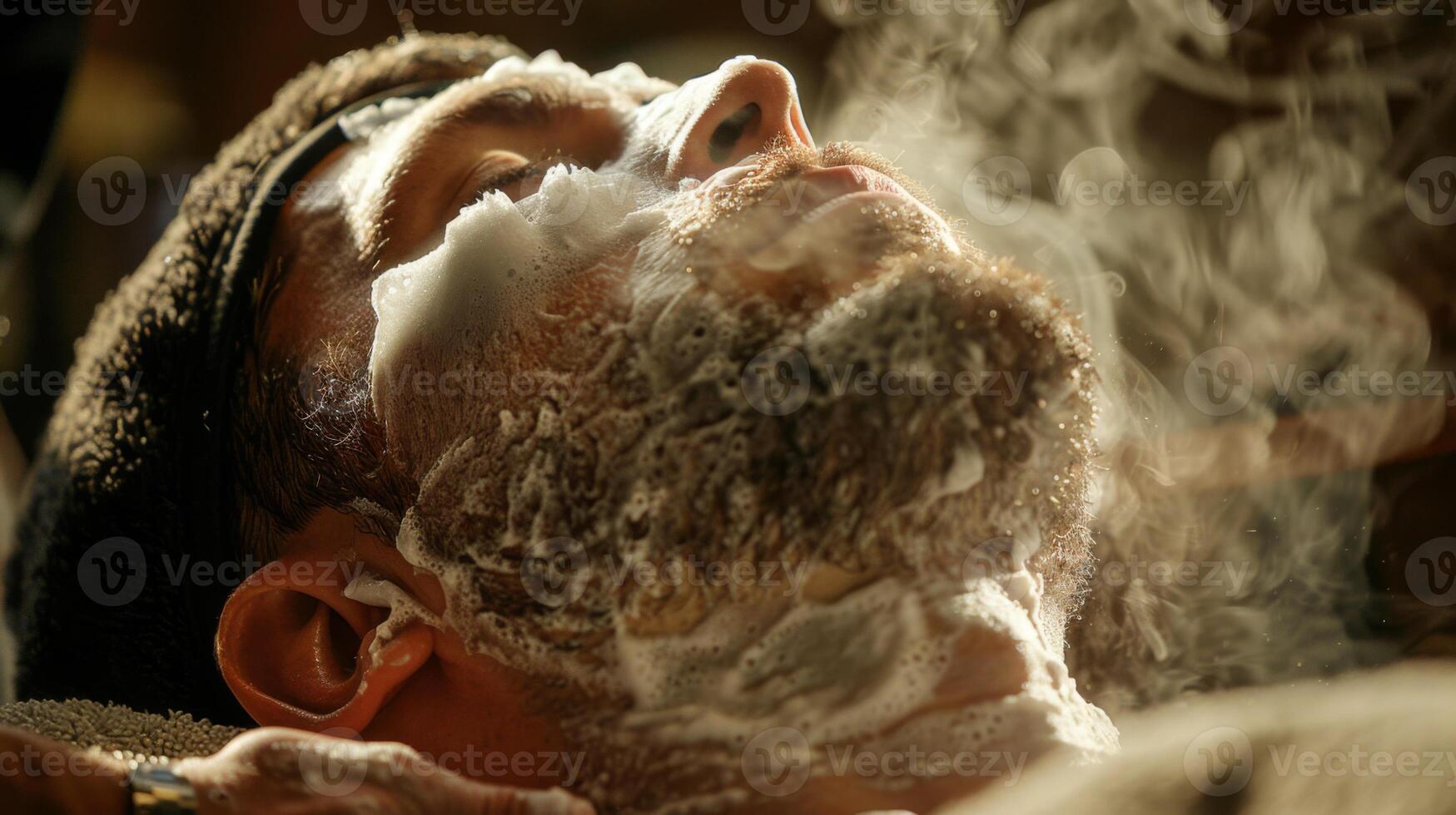 A man relaxes with his eyes closed while receiving a classic shaving treatment, complete with lather and steam in a charming barbershop atmosphere. photo