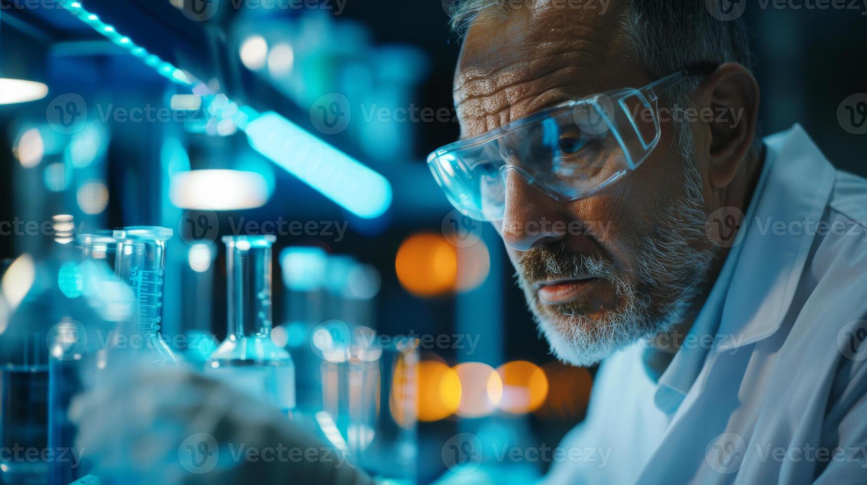 A dedicated scientist examines a glass beaker in a well lit laboratory at night, surrounded by various lab equipment and glowing LED lights, showcasing concentration and expertise. photo