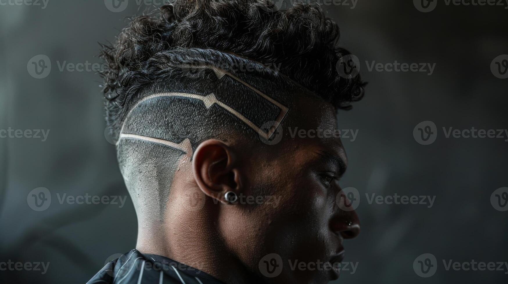 A young man showcases a distinctive hairstyle with geometric patterns shaved into the sides of his hair. The modern barbershop provides an atmospheric backdrop, illuminated softly. photo